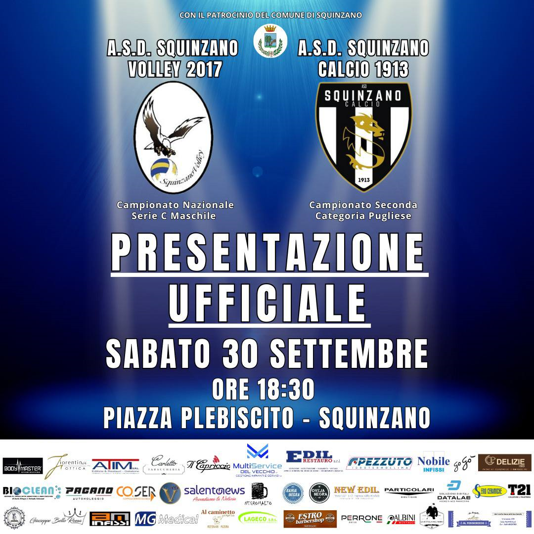 Squinzano Volley 2017 e Squinzano Calcio 1913 si presentano alla città Sabato 30 Settembre in Piazza Plebiscito.
